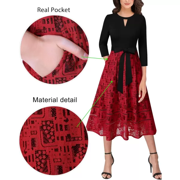 VFSHOW Womens Keyhole Front Patchwork Pockets Pleated Casual Party ALine Midi DressBlack  Red Lace 34 Sleeve2