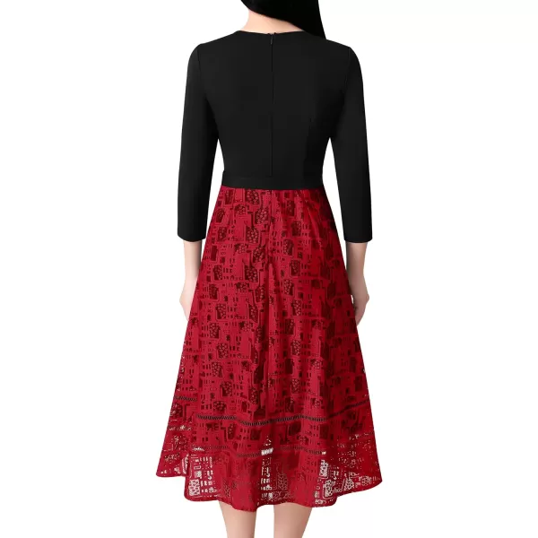 VFSHOW Womens Keyhole Front Patchwork Pockets Pleated Casual Party ALine Midi DressBlack  Red Lace 34 Sleeve2