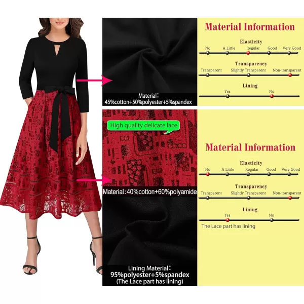 VFSHOW Womens Keyhole Front Patchwork Pockets Pleated Casual Party ALine Midi DressBlack  Red Lace 34 Sleeve2