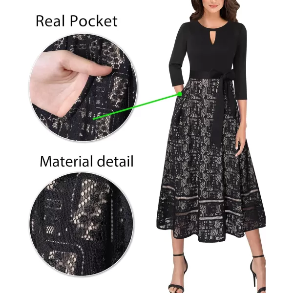 VFSHOW Womens Keyhole Front Patchwork Pockets Pleated Casual Party ALine Midi DressBlack and Lace 34 Sleeve