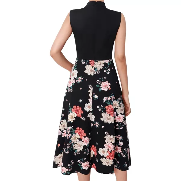 VFSHOW Womens Keyhole Front Patchwork Pockets Pleated Casual Party ALine Midi DressBlack and Multi Floral Printkeyhole2