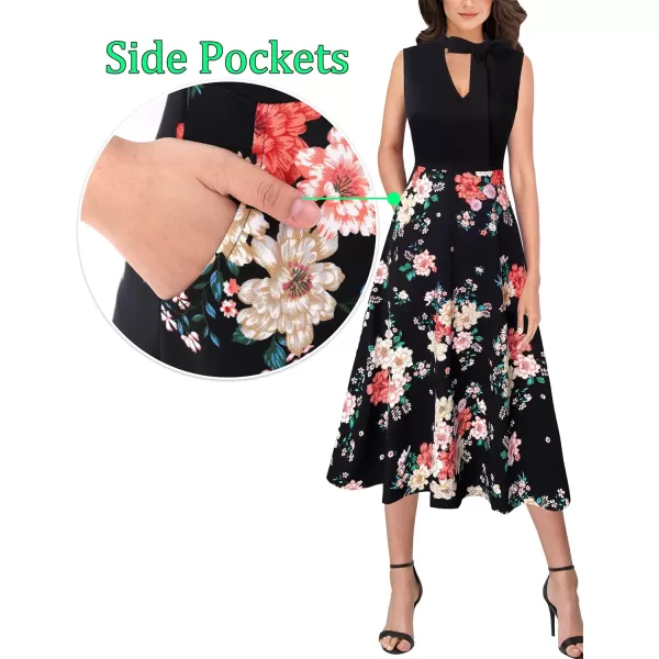 VFSHOW Womens Keyhole Front Patchwork Pockets Pleated Casual Party ALine Midi DressBlack and Multi Floral Printkeyhole2