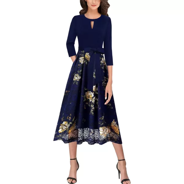 VFSHOW Womens Keyhole Front Patchwork Pockets Pleated Casual Party ALine Midi DressDark Blue  Floral Printed Lace