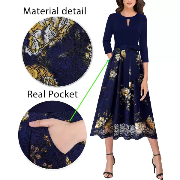 VFSHOW Womens Keyhole Front Patchwork Pockets Pleated Casual Party ALine Midi DressDark Blue  Floral Printed Lace