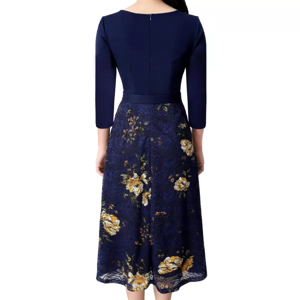 VFSHOW Womens Keyhole Front Patchwork Pockets Pleated Casual Party ALine Midi DressDark Blue  Floral Printed Lace