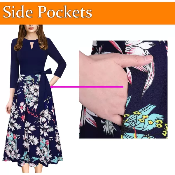 VFSHOW Womens Keyhole Front Patchwork Pockets Pleated Casual Party ALine Midi DressDark Blue Multi Floral Print Keyhole