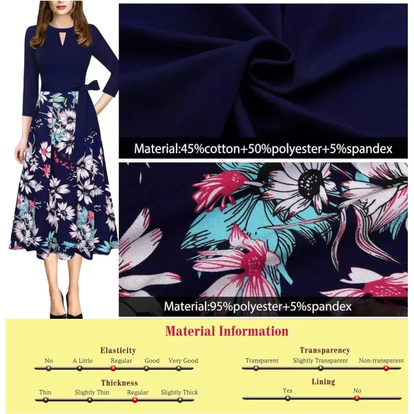 VFSHOW Womens Keyhole Front Patchwork Pockets Pleated Casual Party ALine Midi DressDark Blue Multi Floral Print Keyhole