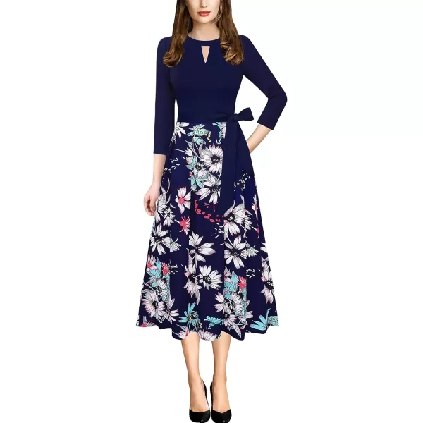 VFSHOW Womens Keyhole Front Patchwork Pockets Pleated Casual Party ALine Midi DressDark Blue Multi Floral Print Keyhole