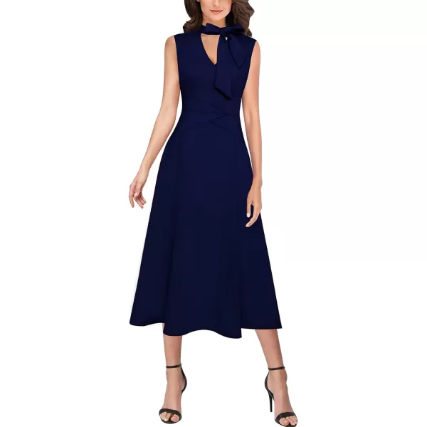 VFSHOW Womens Keyhole Front Patchwork Pockets Pleated Casual Party ALine Midi DressDark Bluesleeveless