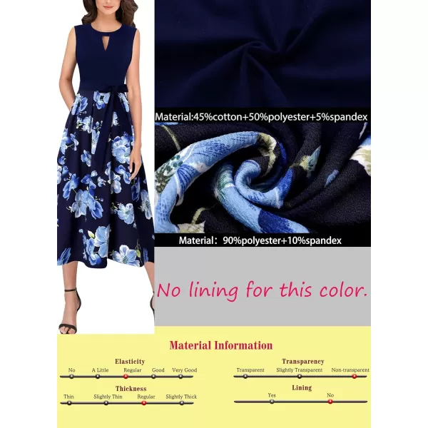 VFSHOW Womens Keyhole Front Patchwork Pockets Pleated Casual Party ALine Midi DressNavy Blue and Floral Print