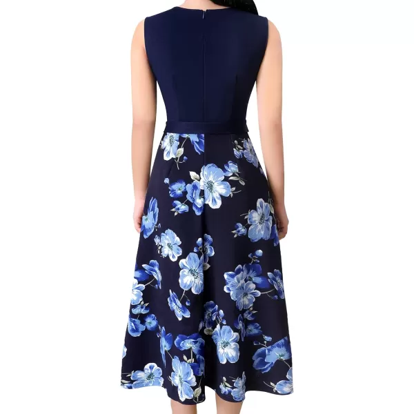 VFSHOW Womens Keyhole Front Patchwork Pockets Pleated Casual Party ALine Midi DressNavy Blue and Floral Print