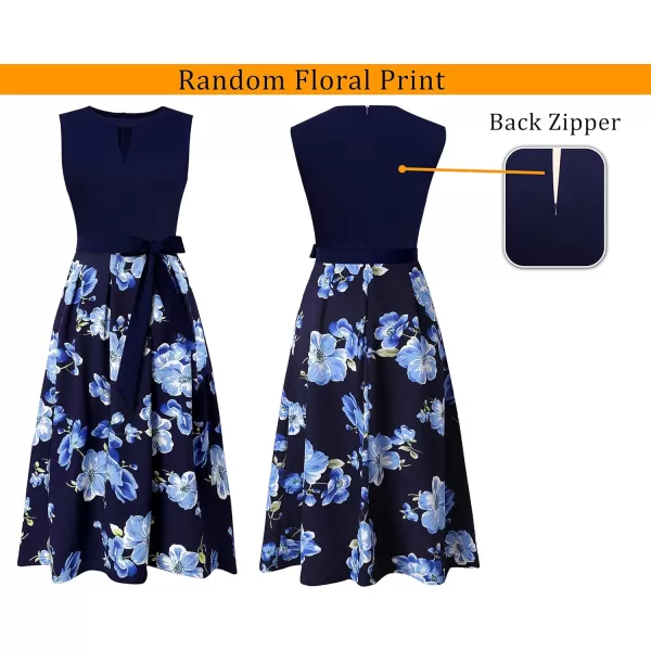 VFSHOW Womens Keyhole Front Patchwork Pockets Pleated Casual Party ALine Midi DressNavy Blue and Floral Print