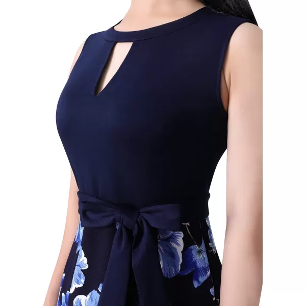 VFSHOW Womens Keyhole Front Patchwork Pockets Pleated Casual Party ALine Midi DressNavy Blue and Floral Print