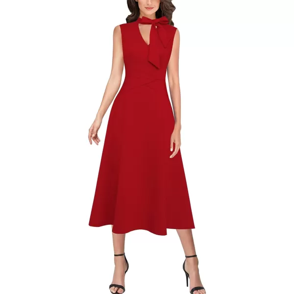 VFSHOW Womens Keyhole Front Patchwork Pockets Pleated Casual Party ALine Midi DressRed Sleeveless