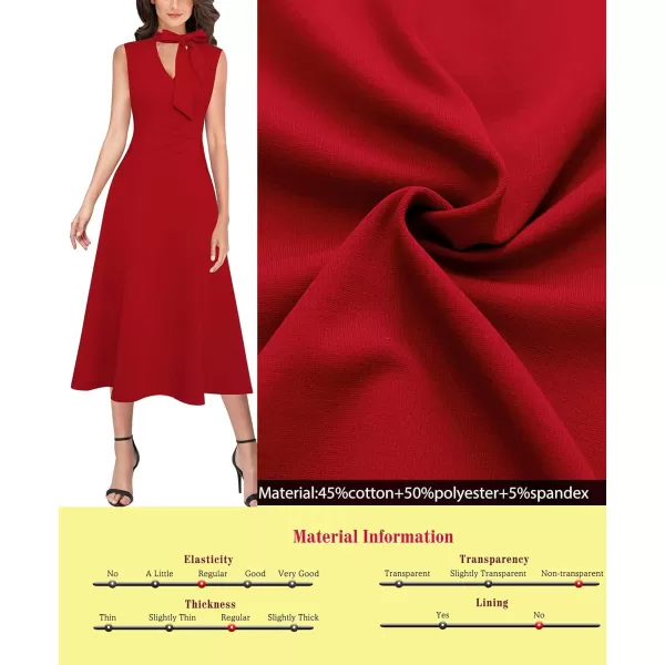 VFSHOW Womens Keyhole Front Patchwork Pockets Pleated Casual Party ALine Midi DressRed Sleeveless