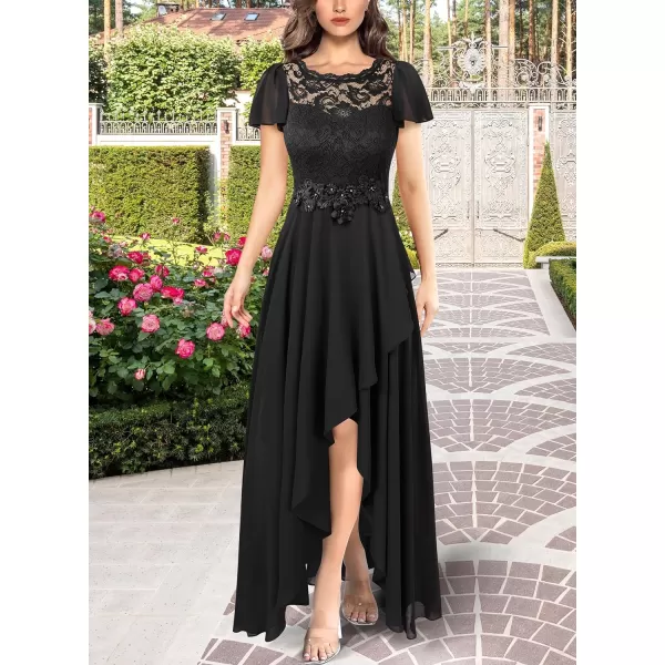 VFSHOW Womens Lace Chiffon Floral Applique Formal ALine HiLo Maxi Dress Smocked 2023 Wedding Guest Bridesmaid Evening GownBlack