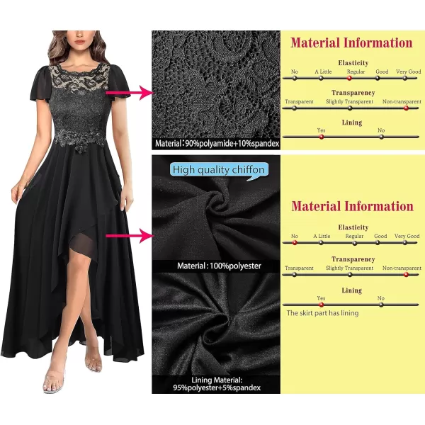 VFSHOW Womens Lace Chiffon Floral Applique Formal ALine HiLo Maxi Dress Smocked 2023 Wedding Guest Bridesmaid Evening GownBlack