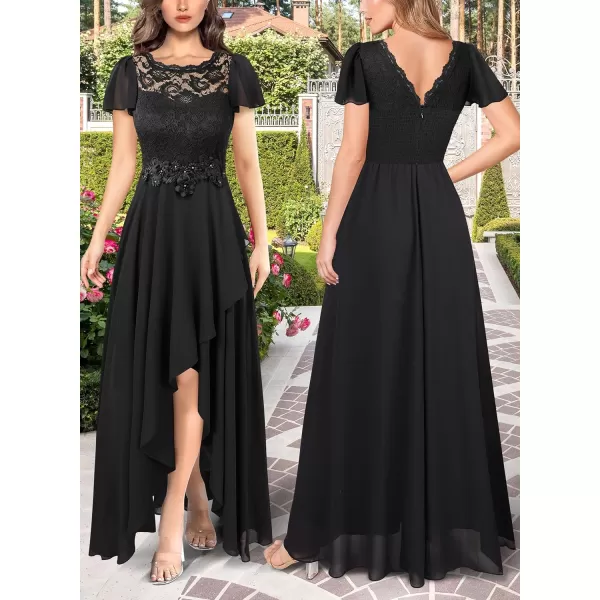 VFSHOW Womens Lace Chiffon Floral Applique Formal ALine HiLo Maxi Dress Smocked 2023 Wedding Guest Bridesmaid Evening GownBlack