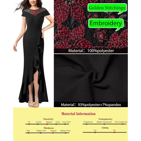 VFSHOW Womens Lace Ruffle Split Formal Evening Gown Prom Maxi Long DressBlack  Floral Embroidery2
