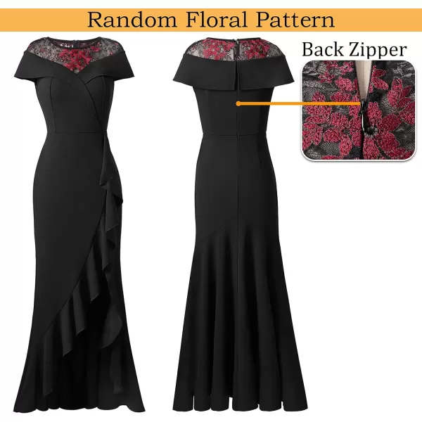 VFSHOW Womens Lace Ruffle Split Formal Evening Gown Prom Maxi Long DressBlack  Floral Embroidery2