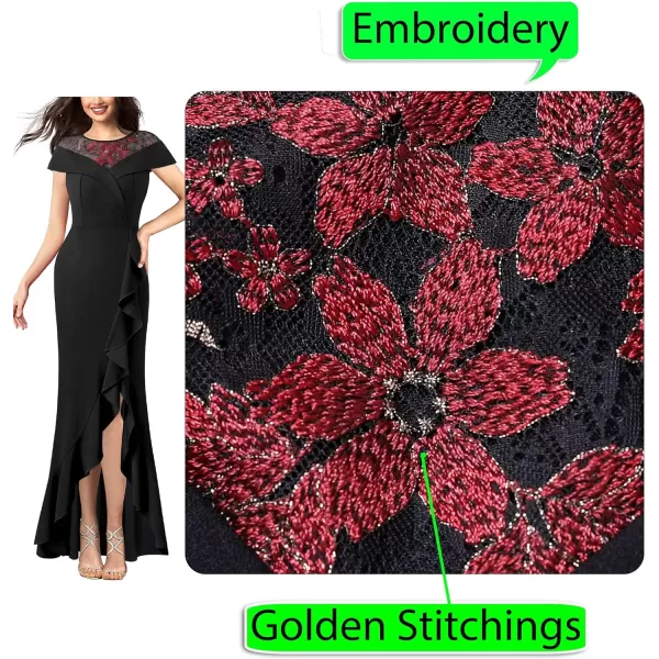 VFSHOW Womens Lace Ruffle Split Formal Evening Gown Prom Maxi Long DressBlack  Floral Embroidery2
