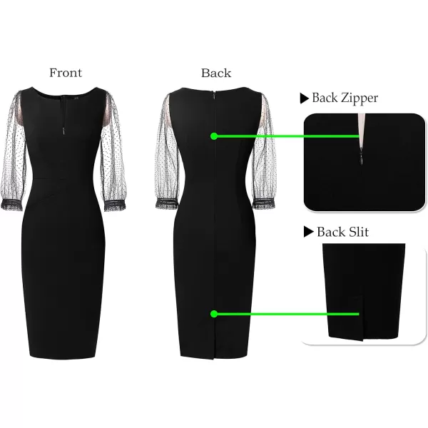 VFSHOW Womens Mesh Bishop Sleeve Front Zipper Cocktail Party Bodycon Pencil DressBlack  Mesh With Velvet Dot