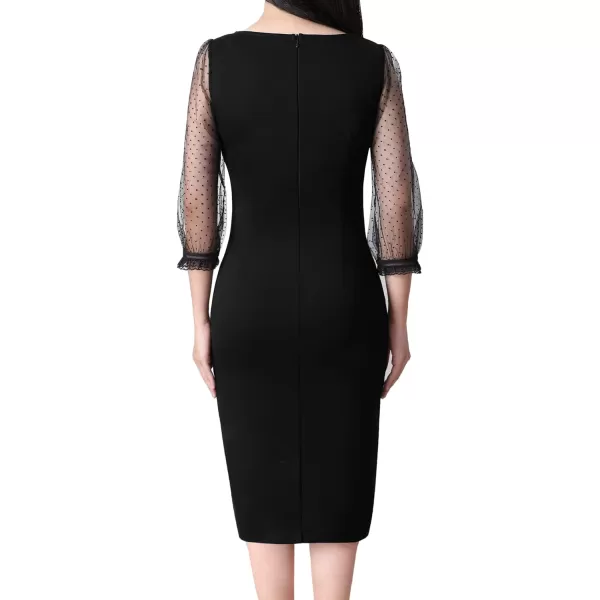 VFSHOW Womens Mesh Bishop Sleeve Front Zipper Cocktail Party Bodycon Pencil DressBlack  Mesh With Velvet Dot