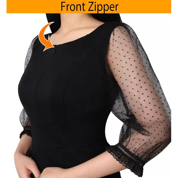 VFSHOW Womens Mesh Bishop Sleeve Front Zipper Cocktail Party Bodycon Pencil DressBlack  Mesh With Velvet Dot