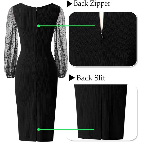 VFSHOW Womens Mesh Bishop Sleeve Front Zipper Cocktail Party Bodycon Pencil DressBlack Bishop Sleeve3