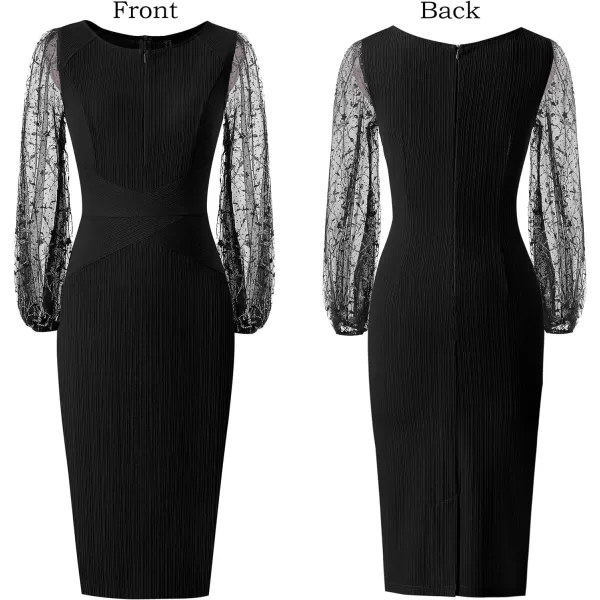 VFSHOW Womens Mesh Bishop Sleeve Front Zipper Cocktail Party Bodycon Pencil DressBlack Bishop Sleeve3