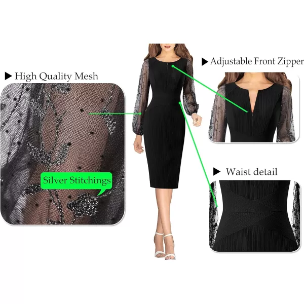 VFSHOW Womens Mesh Bishop Sleeve Front Zipper Cocktail Party Bodycon Pencil DressBlack Bishop Sleeve3