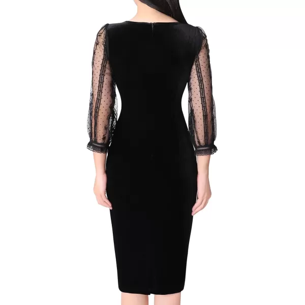 VFSHOW Womens Mesh Bishop Sleeve Front Zipper Cocktail Party Bodycon Pencil DressBlack Velvet