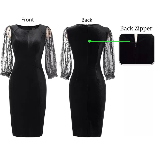 VFSHOW Womens Mesh Bishop Sleeve Front Zipper Cocktail Party Bodycon Pencil DressBlack Velvet