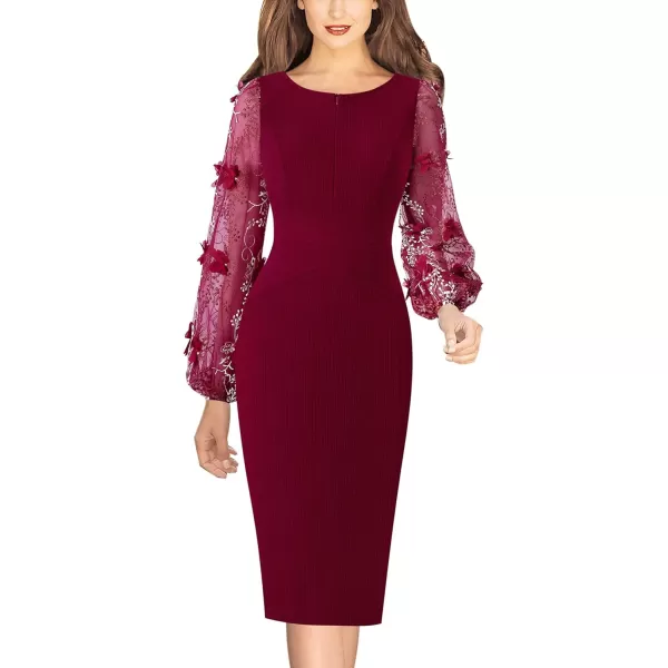 VFSHOW Womens Mesh Bishop Sleeve Front Zipper Cocktail Party Bodycon Pencil DressDark Red Bishop Sleeve