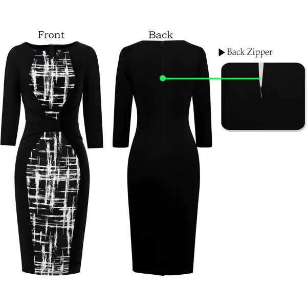 VFSHOW Womens Notch V Neck Bow Wear to Work Business Office Church Sheath DressBlack and Geometric Print