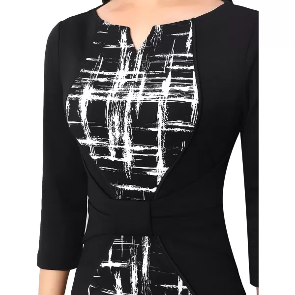 VFSHOW Womens Notch V Neck Bow Wear to Work Business Office Church Sheath DressBlack and Geometric Print