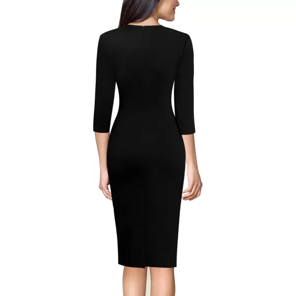 VFSHOW Womens Notch V Neck Bow Wear to Work Business Office Church Sheath DressBlack and Geometric Print