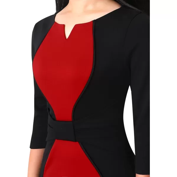 VFSHOW Womens Notch V Neck Bow Wear to Work Business Office Church Sheath DressBlack and Red