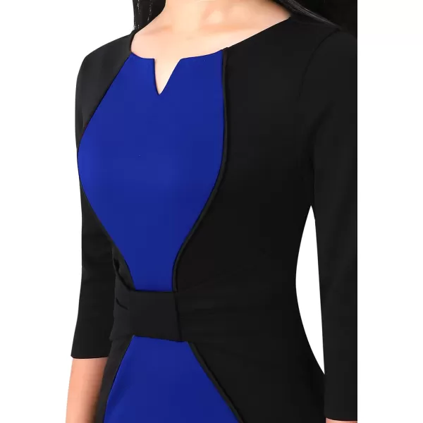 VFSHOW Womens Notch V Neck Bow Wear to Work Business Office Church Sheath DressBlack and Royal Blue