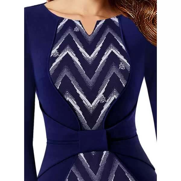 VFSHOW Womens Notch V Neck Bow Wear to Work Business Office Church Sheath DressBlue  Geometric Print