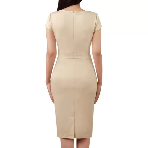 VFSHOW Womens Notch V Neck Ruched Ruffle 2023 Work Business Office Party Bodycon Pencil DressApricot