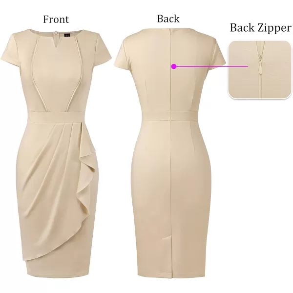 VFSHOW Womens Notch V Neck Ruched Ruffle 2023 Work Business Office Party Bodycon Pencil DressApricot