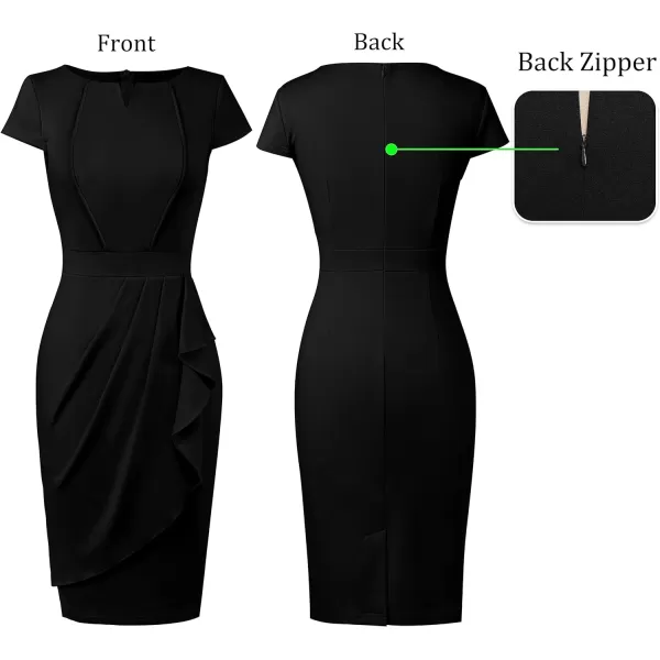 VFSHOW Womens Notch V Neck Ruched Ruffle 2023 Work Business Office Party Bodycon Pencil DressBlack5