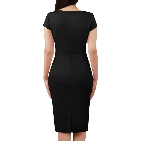 VFSHOW Womens Notch V Neck Ruched Ruffle 2023 Work Business Office Party Bodycon Pencil DressBlack5