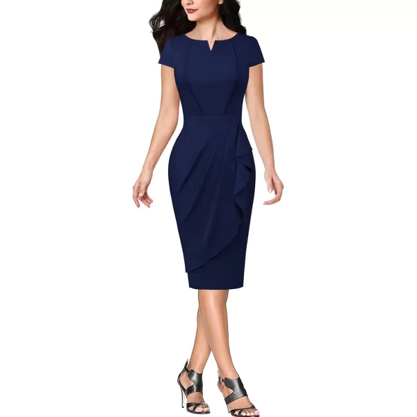 VFSHOW Womens Notch V Neck Ruched Ruffle 2023 Work Business Office Party Bodycon Pencil DressNavy Blue5