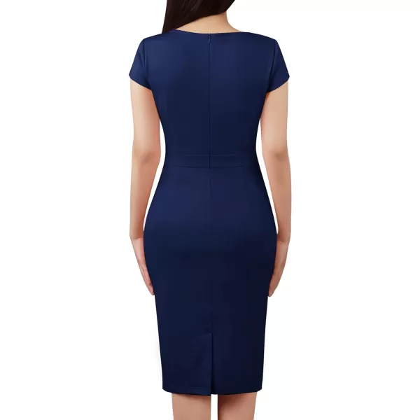 VFSHOW Womens Notch V Neck Ruched Ruffle 2023 Work Business Office Party Bodycon Pencil DressNavy Blue5