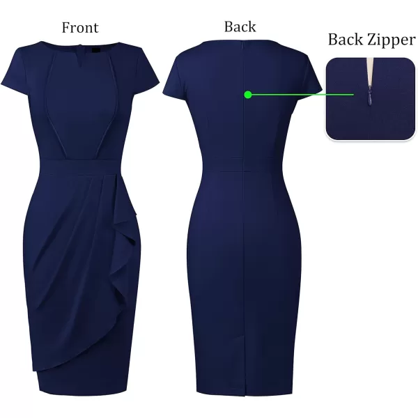 VFSHOW Womens Notch V Neck Ruched Ruffle 2023 Work Business Office Party Bodycon Pencil DressNavy Blue5