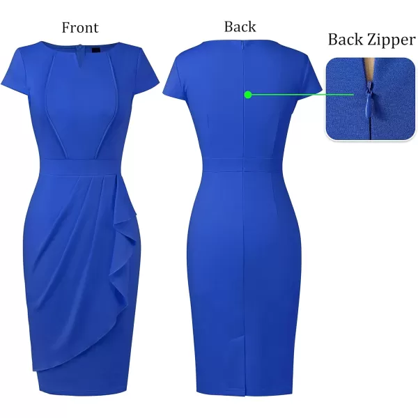 VFSHOW Womens Notch V Neck Ruched Ruffle 2023 Work Business Office Party Bodycon Pencil DressRoyal Blue5