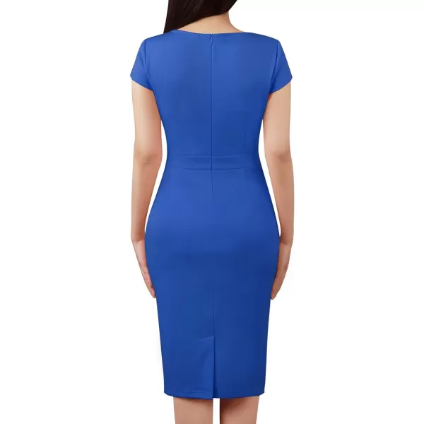 VFSHOW Womens Notch V Neck Ruched Ruffle 2023 Work Business Office Party Bodycon Pencil DressRoyal Blue5