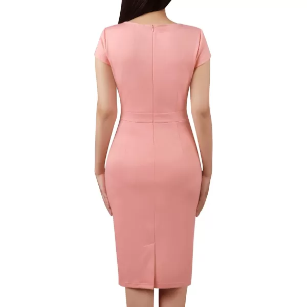 VFSHOW Womens Notch V Neck Ruched Ruffle 2023 Work Business Office Party Bodycon Pencil DressSalmon Pink5